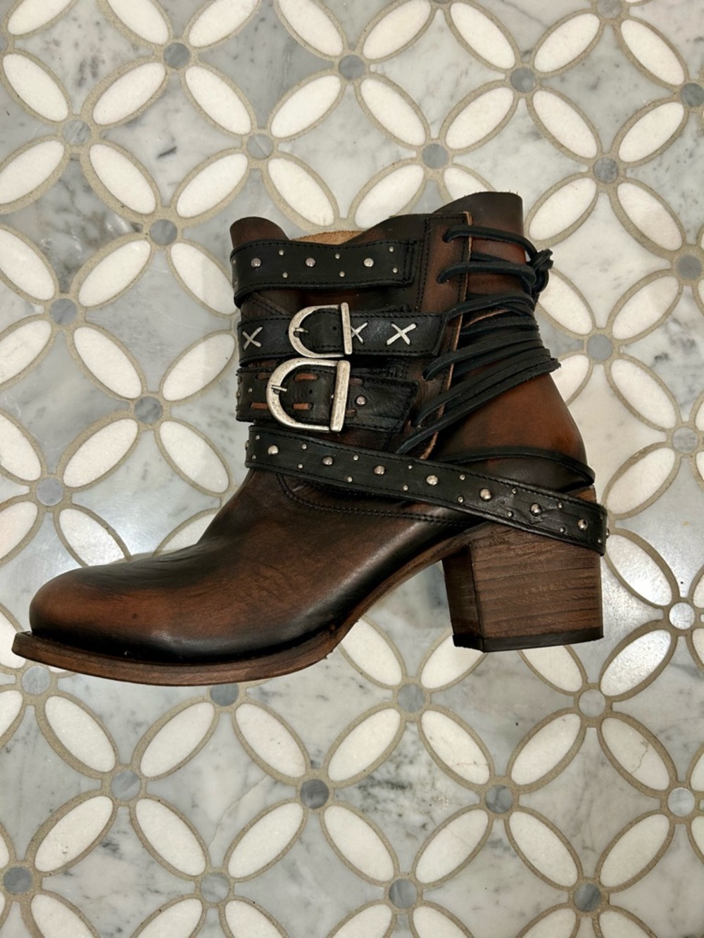 Freebird by Steven Caspian Leather Multi-Strap Studded Moto Boots Brown Black 10 - Picture 4 of 14